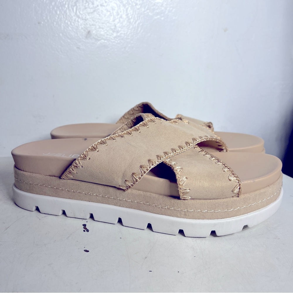 J/Slides NYC womens whipstiched Tan sandals White platform crisscross  Sz 8 #57